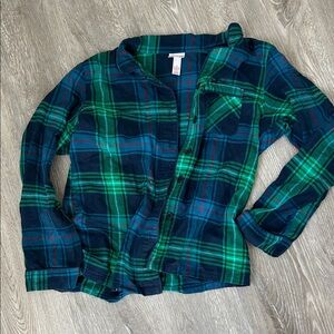 Green and Navy Plaid Button-Up Shirt